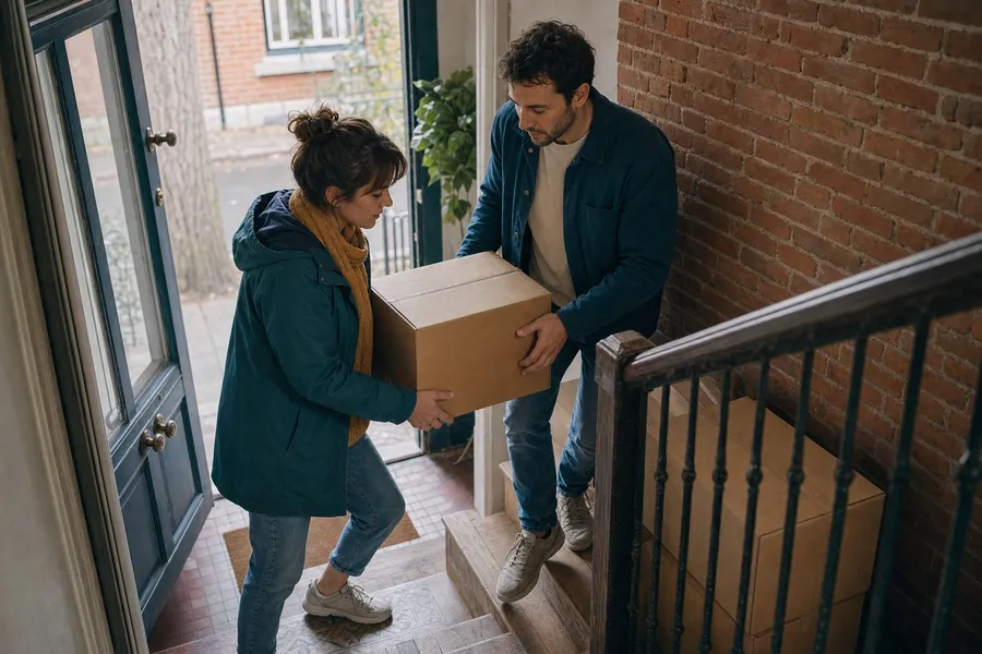 Deux voisins portent ensemble un carton de déménagement